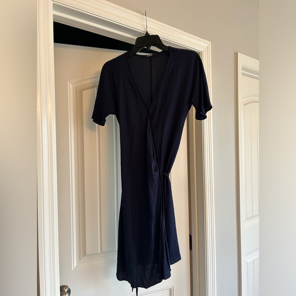 Quince Silk Wrap Dress in Navy - Picture 2 of 5
